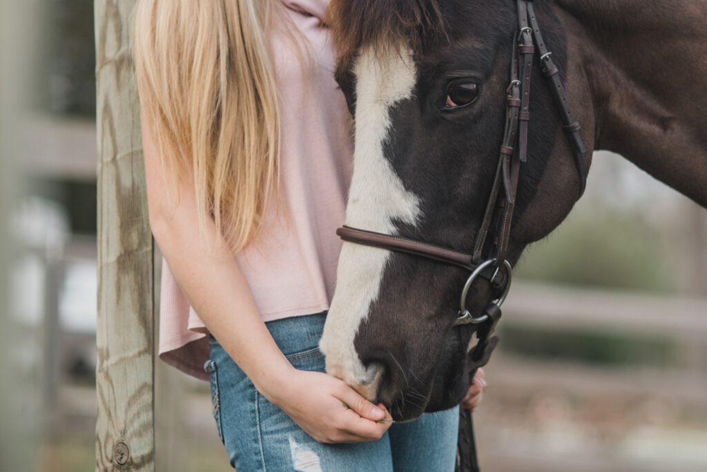 une fille qui caresse un cheval avec sa main 