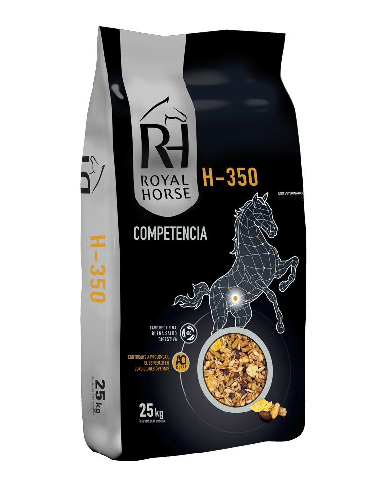 H-350 : Alimento con granos rolados, pellets y extruidos para caballos de competencia