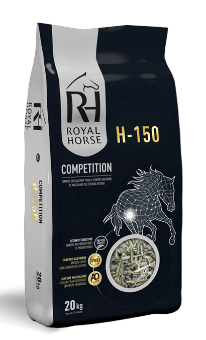 H-150: Alimento de fibra larga y granulado para caballos de competición
